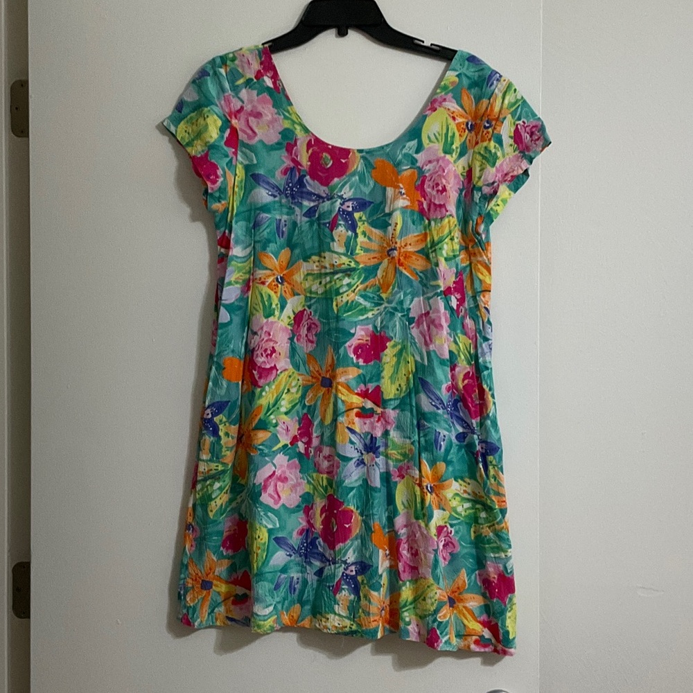 Jams World Teal Floral Scoop-Neck Casual Dress with Pink & Orange Accents